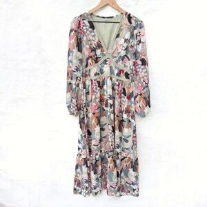 Fall floral print v neck long sleeves maxi dress size large dr1